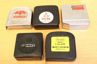 Lot Of 5 Vintage Tape Measures, Keuffel+Esser, Evans, Stanley, Sears, Great Neck