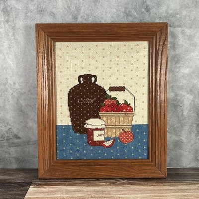 Vintage Framed Cross Stitch Framed Art Handmade 1980 Apple Cider Farmhouse Decor