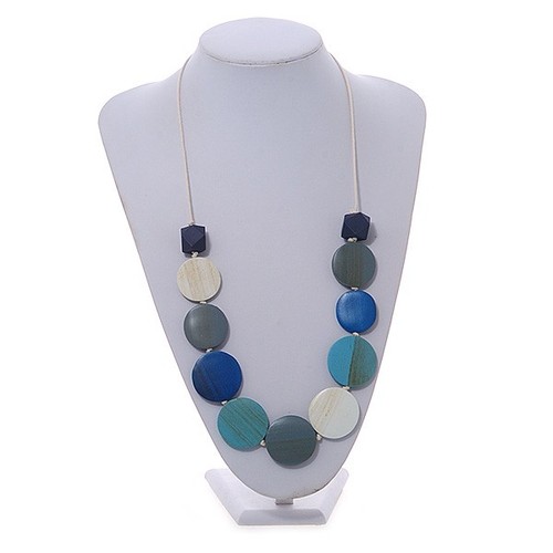 Graduated Blue/Turquoise/White/Grey Wood Button Bead Necklace with White Cotton - Picture 3 of 6