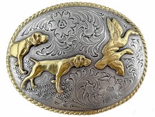 Western Outdoorsman Hunting Dogs Birds Belt Buckle 1-1/2" Antique Silver Gold