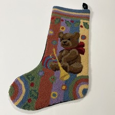 Vintage Christmas Stocking Needlepoint Tapestry Holiday Teddy Bear Wool Velvet