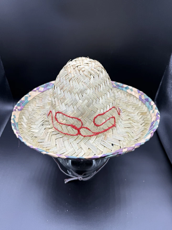 Sombrero de Paja Mexicano Sombrero Fiesta Disfraz Teatro 13” Rojo Costuras Decorativas Foto 2 de 3
