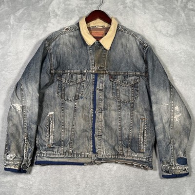 Levis Trucker Jacket Mens L Blue Thrashed Distressed Denim Lined Honeycomb