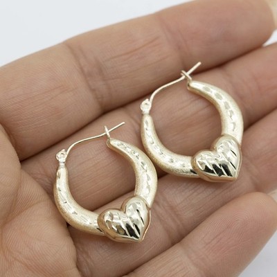 1'' Graduated Diamond Cut Heart Hoop Earrings Real 10K Yellow Gold
