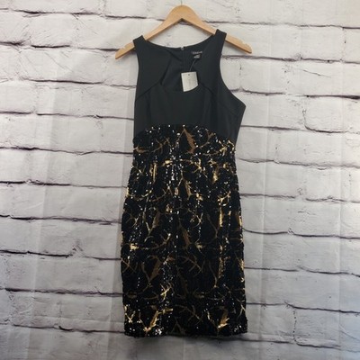 CACHE Cocktail Dress Small Zip Sleeveless Sequins Black Gold NWT