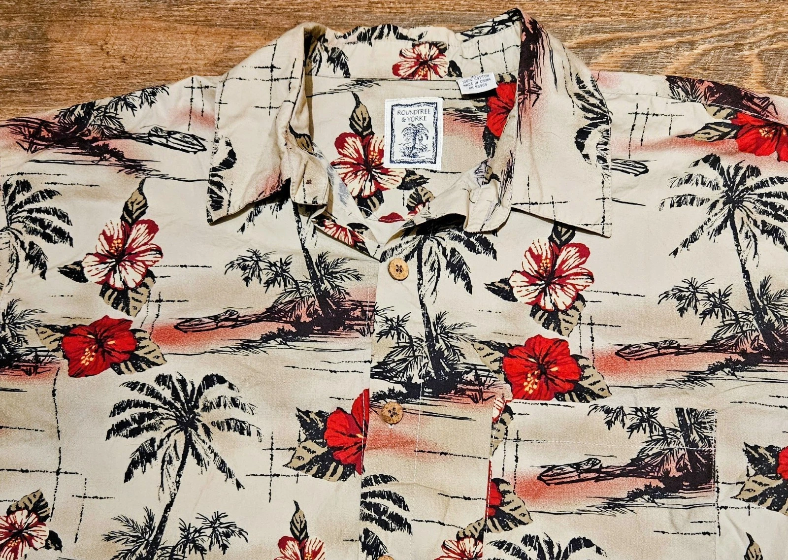 Roundtree & Yorke Hawaiian Shirt XL Cotton Tropical Palm Trees & Flowers