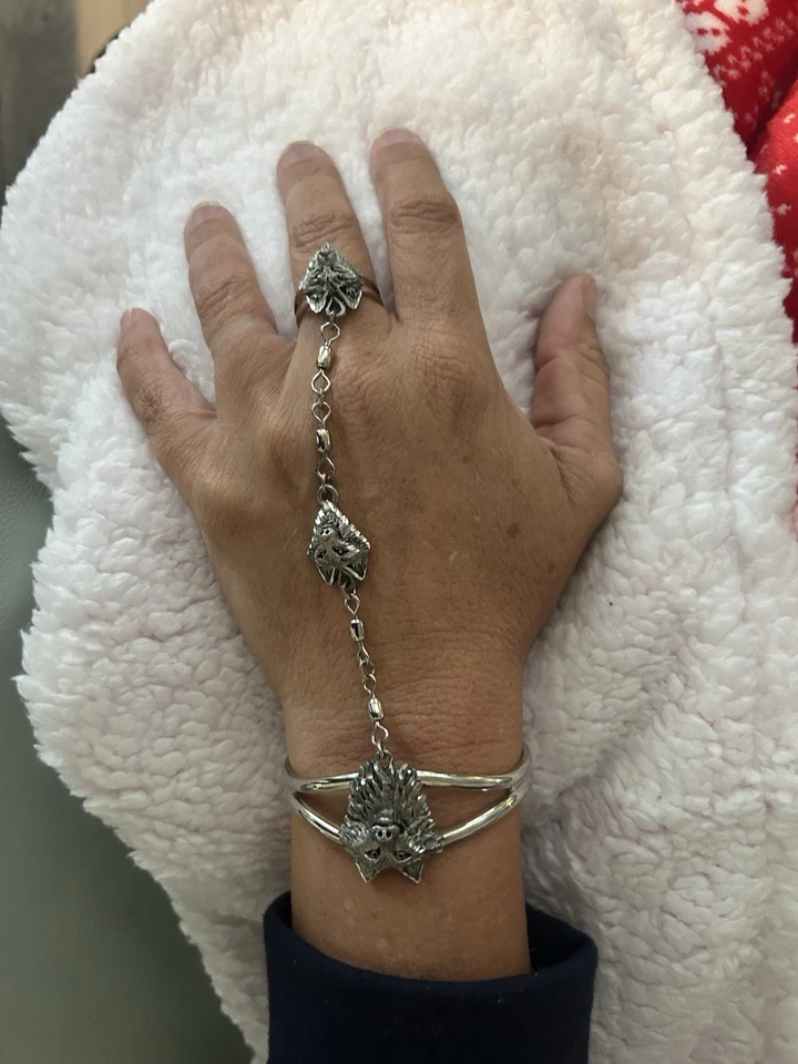 Brazalete Esclavo Lobo Estaño 3D con Cadena y Anillo Accesorio Ajustable Foto 2 de 4