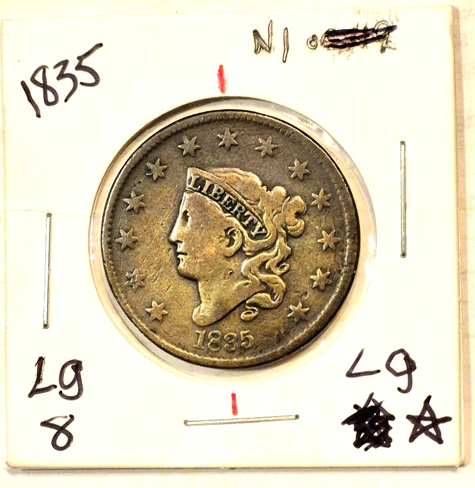 1835 Coronet Head Large Cent N1 R1 Lg 8/Stars 15°CW Rotated Die Error VF Traits - Image 3 of 4
