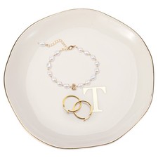 Ceramic Jewelry Tray, Letter T Vanity Tray for Earrings Key, Gold Edge White