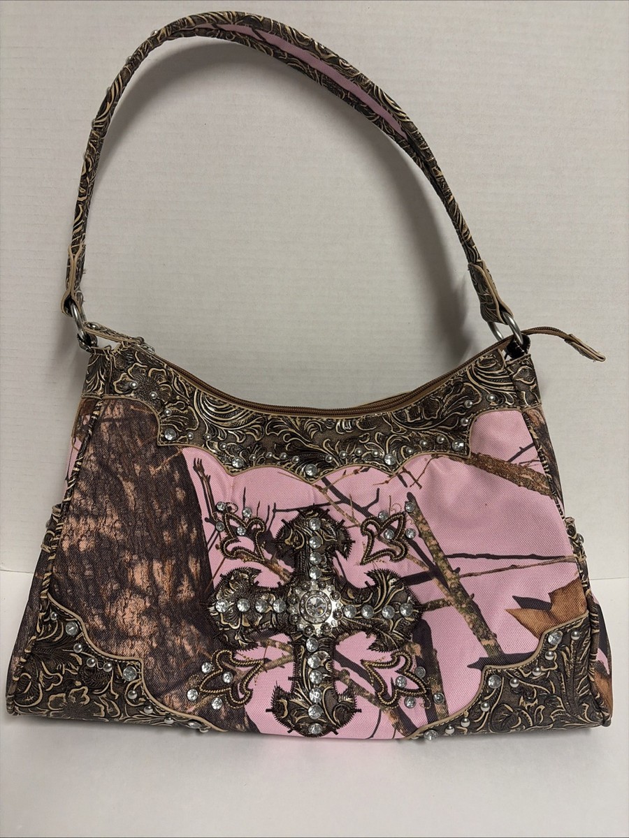 Mossy Oak Pink Camouflage Rhinestone Cross Handbag Purse | eBay display picture 3