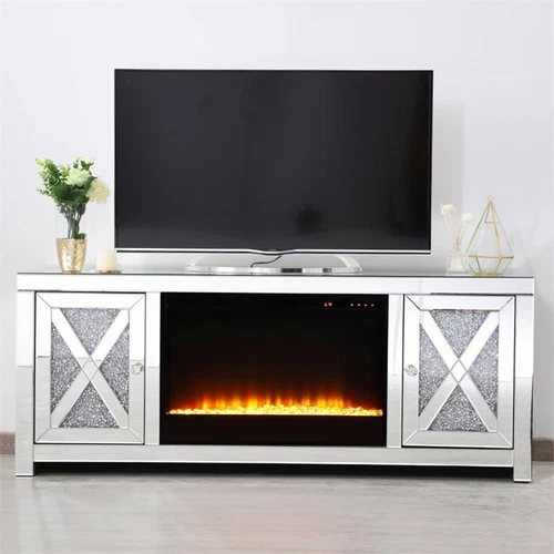Elegant Decor Modern 2 Door 59" Clear Silver Mirrored Crystal Fireplace TV Stand - Picture 9 of 10