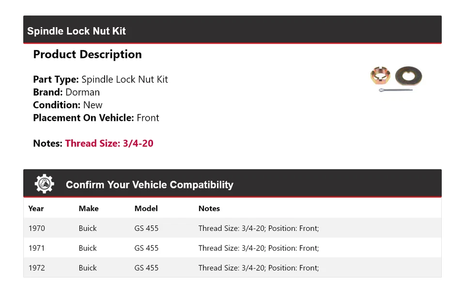 For 1970-1972 Buick GS 455 Dorman Spindle Lock Nut Kit Front 1971 - Image 2 of 4