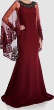 2290 Badgley Mischka Couture Womens Red Lace Embroidered Cape Gown Dress Size 0