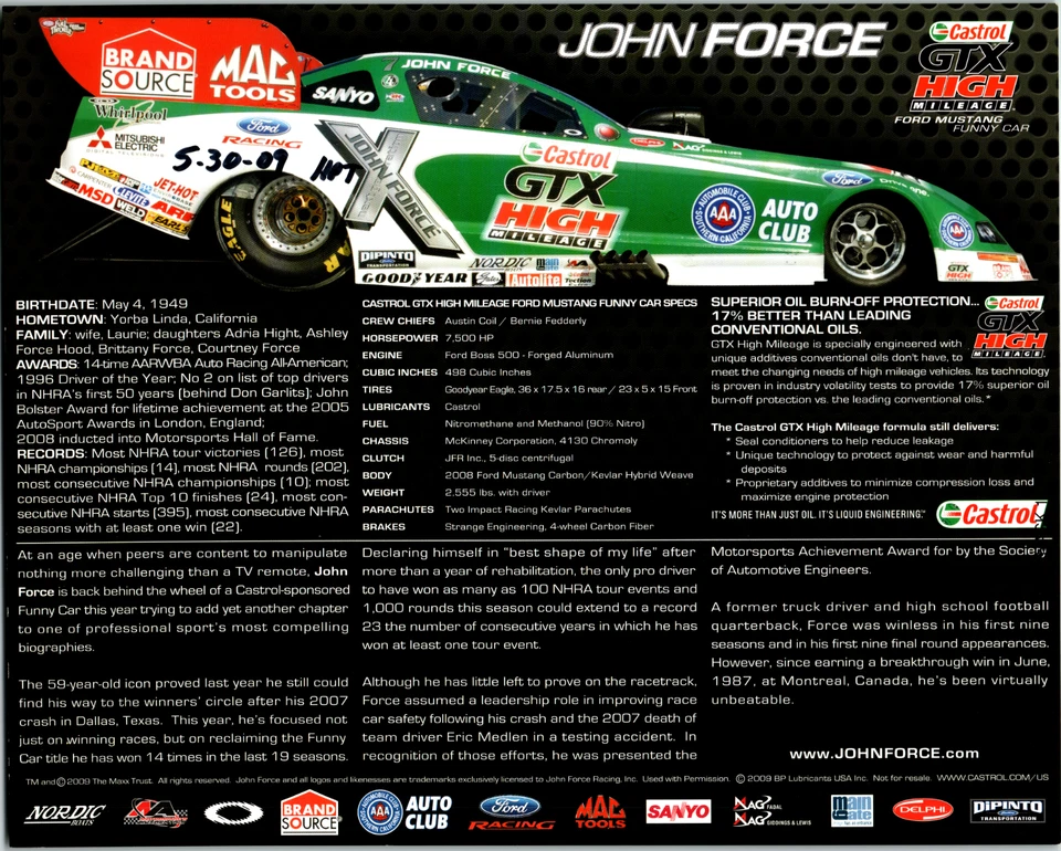 Tarjeta biográfica 2009 Force Family John Laurie Ashley Brittany Courtney autógrafos NHRA Foto 2 de 2