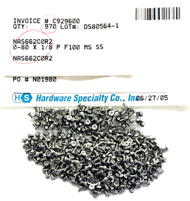 (50 PIECE LOT) NAS662C0R2, Machine Screw, Fastener Length: 3/32'', Thread: 0-80