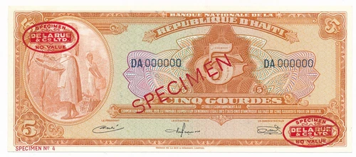 HAITI 5 Gourdes ND (1967); P. 192 / 192s TDLR SPECIMEN #4 AU/Unc Note