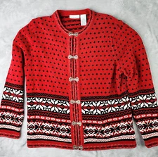 Women Red Nordic Cardigan Sweater M Fair Isle Metal Clasp Winter Holiday Festive