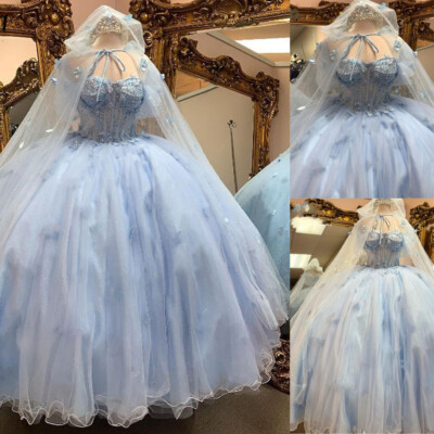 Sky Blue 3D Butterfly Lace Quinceanera Dresses Ball Gown With Cape Sweet 15 Gown