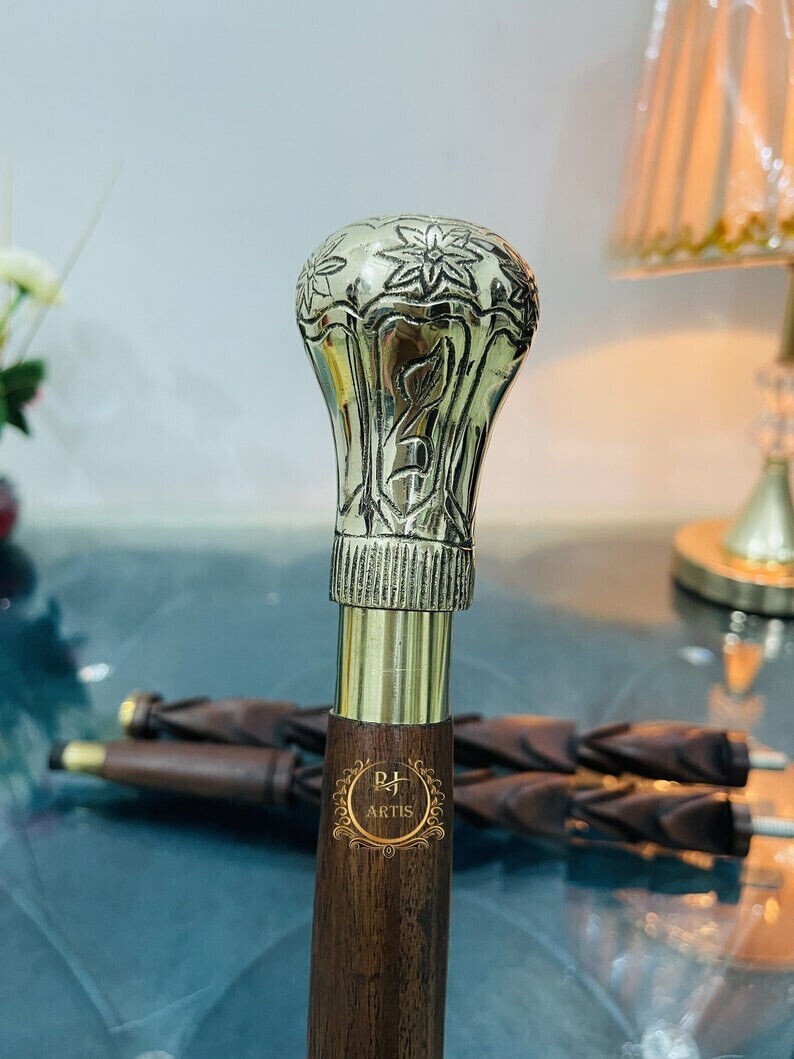 Vintage solid Brass round Head Handle Engraved Br… - image 5