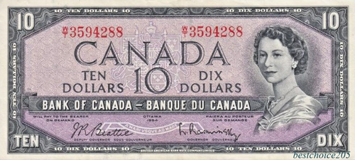 10 dollari 1954 dal Canada, sig. Beattie & Rasminsky # con T 3594288 - XF - Foto 6 di 7