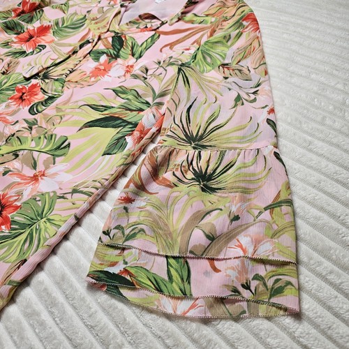 J Jill Tunic Top Womens MEDIUM Pink Green Floral Bell Sleeve Shear Blouse Lined - Picture 5 of 10
