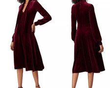 Black Halo Ruby Tie-Neck Stretch Bishop Sleeve Velvet Burgundy Dress Sz 6