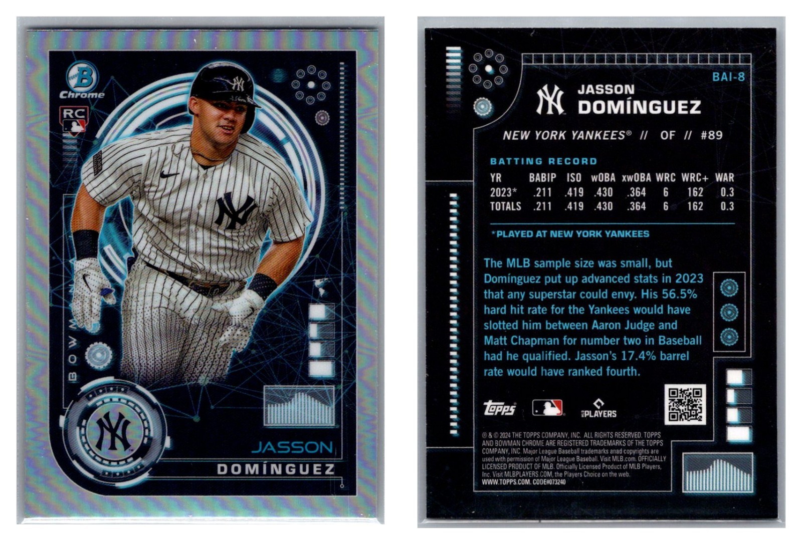 Jasson Dominguez RC 2024 Bowman Chrome Bowman AI #BAI-8 New York Yankees