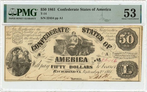 1861 $50 Confederate States of America T-14 PMG 53 - Picture 1 of 2