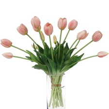15 Pcs Fall Pink Artificial Tulips, Real Touch, Latex, Faux Bouquet, Party