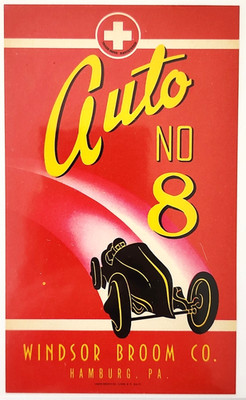 1940s Auto No 8 Label Windsor Broom Unused NOS Hamburg PA Racing Car Vintage