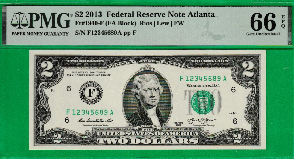 $2  TWO DOLLAR Federal Reserve note LADDER Serial Numbers 1-2-3-4-5-6-8-9 PMG 66 - Image 2 of 3