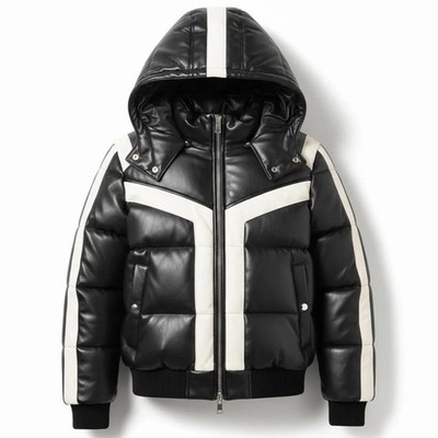 Men Two Tone Lambskin Leather Puffer Jacket: Removable Hooded Bomber Winter Coat