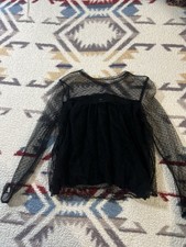 Banana Republic Black Swiss Dot Mesh Tiered Top Blouse Long Sleeve Polka Dot S