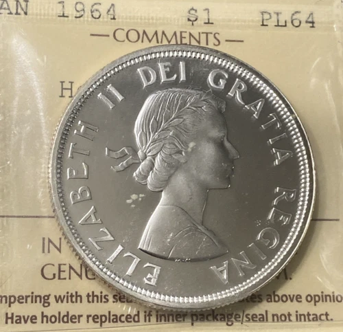 1964 Canada Silver 1$ Dollar -ICCS CERT# XZJ 034– **PL 64**-HEAVY CAMEO