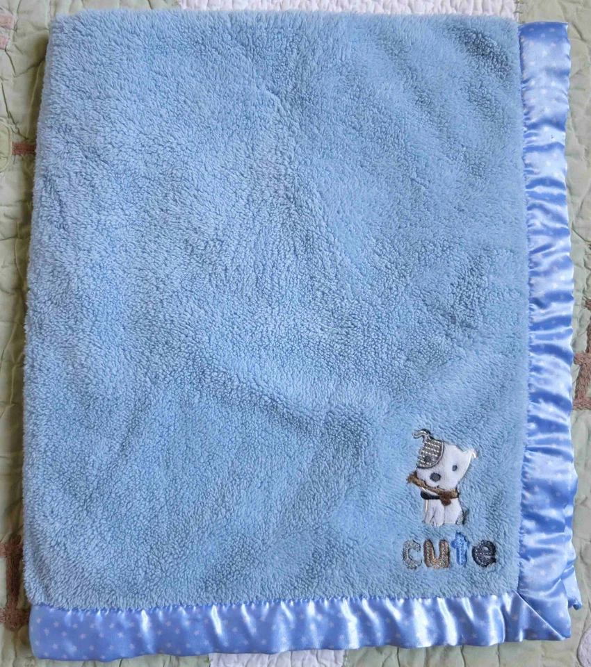 Child of Mine Blue Cute Puppy Dog w Satin & Polka Dots Baby Boy Blanket EUC - Image 2 of 4