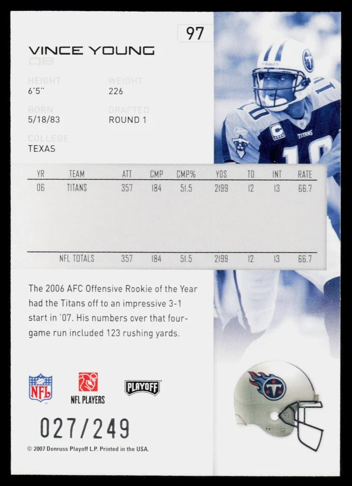 2007 Playoff NFL Playoffs - Vince Young #97 Titans /249 - Image 2 of 2