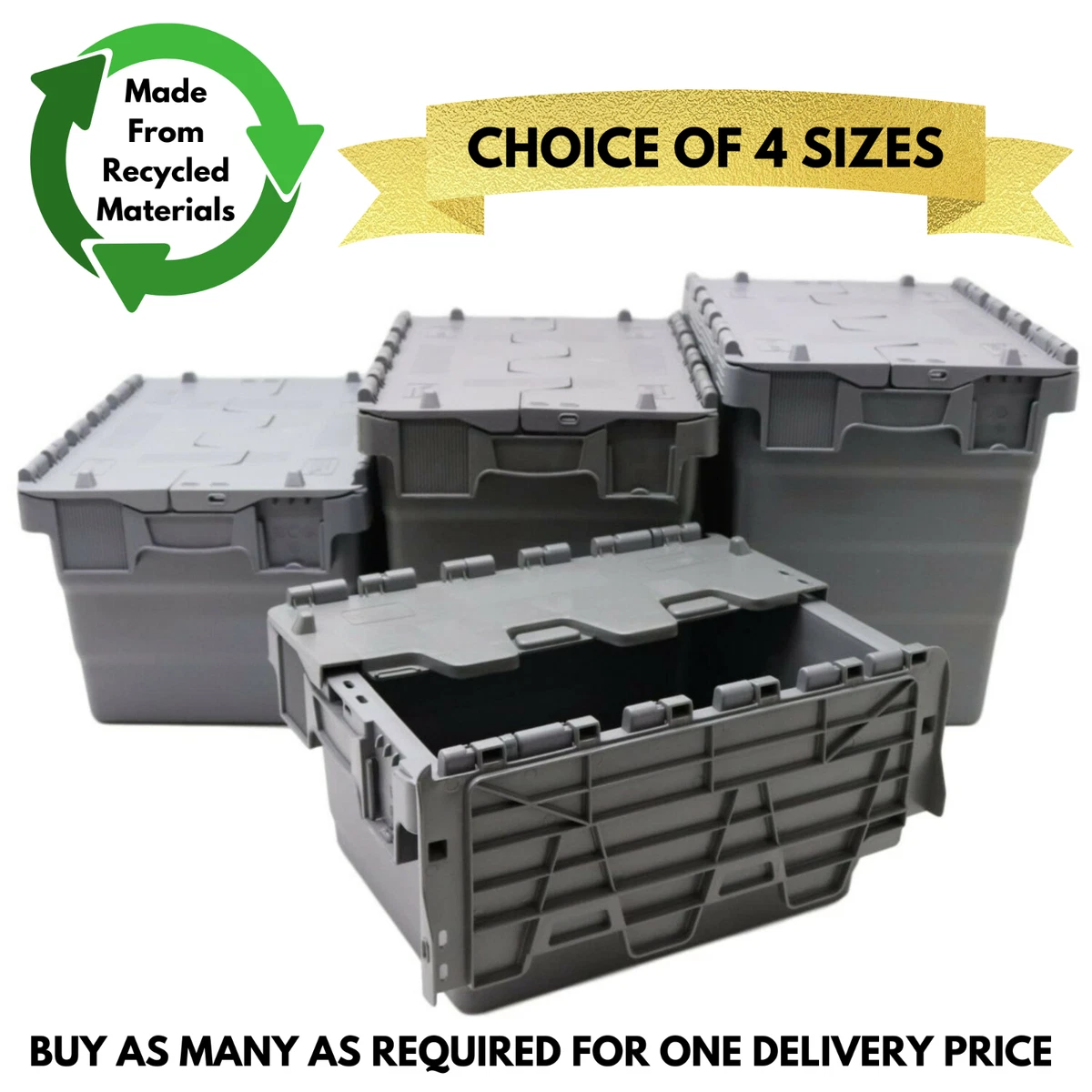 Heavy Duty Plastic Storage Box Boxes With Folding Attached Lids Choice 4  Sizes