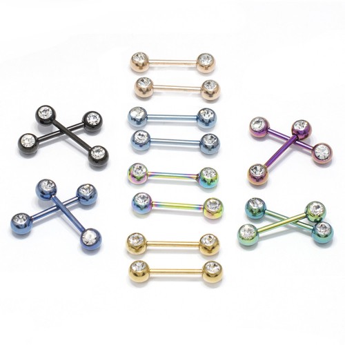 14G Nipple Ring Anodized Titanium Nipple Piercing Barbell Front Facing Clear CZ - Picture 1 of 25
