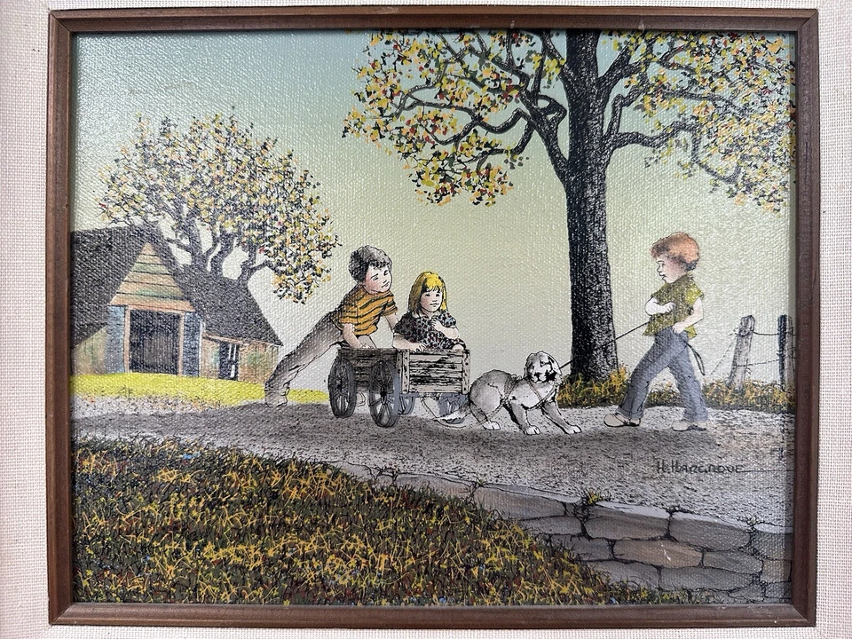 Impresión de pintura de colección Dog Won't Pull Wagon H Hargrove en lienzo enmarcada Foto 2 de 4