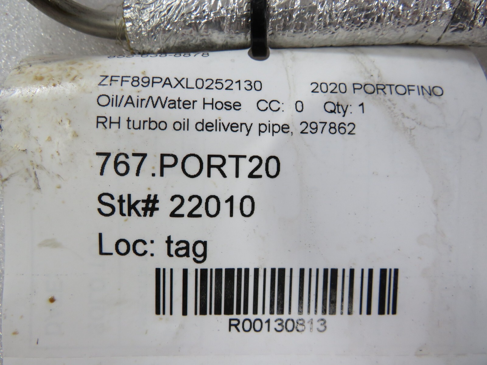 Ferrari Portofino, California T, RH, Turbo Oil Delivery Pipe, Used, P/N 297862