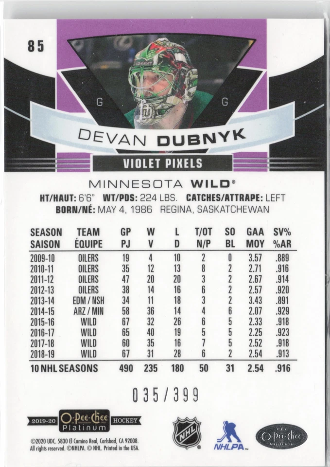 2019-20 O-Pee-Chee Platinum #85 Devan Dubnyk Violet Pixels #/399 - Image 2 of 2