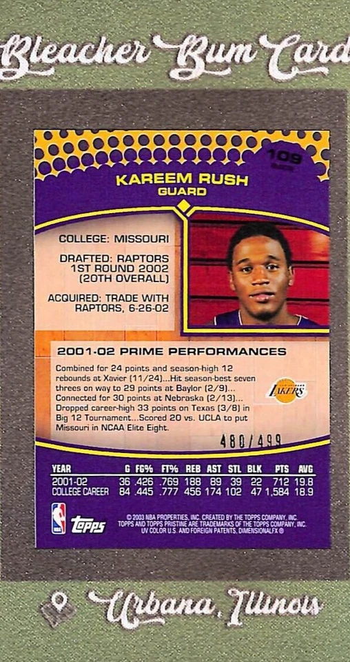 2003 Topps Pristine No109 Карим Раш дебютант RC переливающаяся карточка SP NO/499 — LA Lakers - Изображение 2 из 3