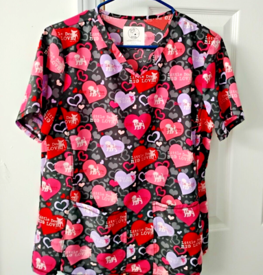 Cherokee Pocket Black/Pink DOG LOVE Scrub Top Size M