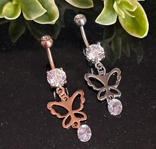 1pc Hollow Butterfly CZ Gem Dangle Surgical Steel Belly Ring Navel Naval