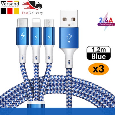 3x 1,2m USB C schnell Ladekabel Typ C Multi USB für Samsung S20 A51 Huawei
