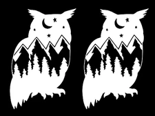 Owl Mountain Scene Two 6" White Vinyl Decals Car Truck Window Tablet Mailbox