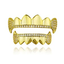 Rapper Underground Hip Hop Grills Fangs Top Bottom Set ICED 5A CZ Teeth Grillz