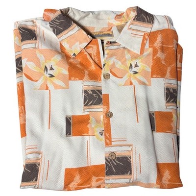 Bobby Chan Button Down Shirt Sz L Orange Abstract Floral Silk