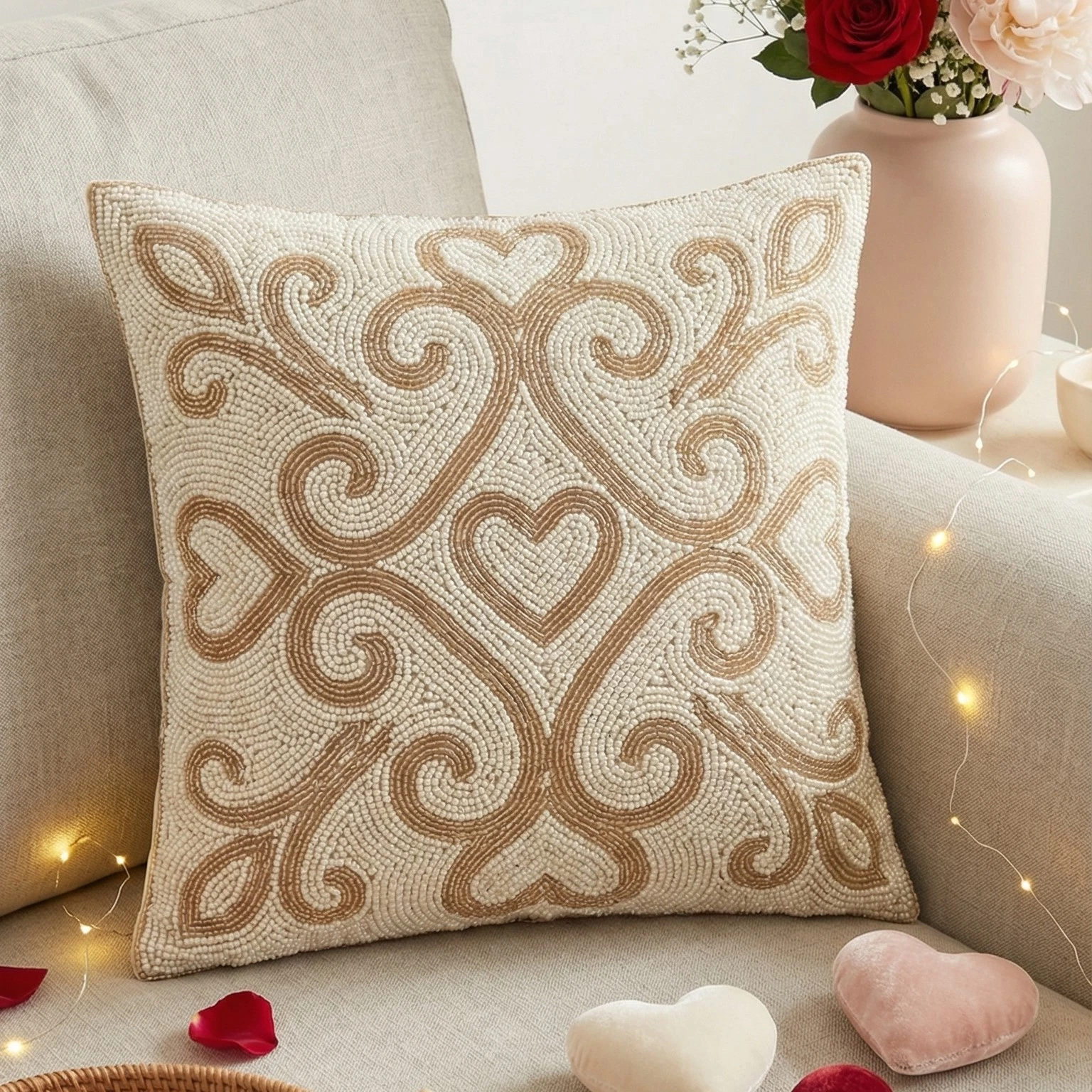 Hand Beaded Decorative Throw Pillow Cover | Elegant Floral Heart Design | Cream
Opens in a new windo
