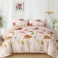 King Size Quilt Set Floral,3 Pieces Khaki/Beige Farmhouse Quilts Lightweight ...